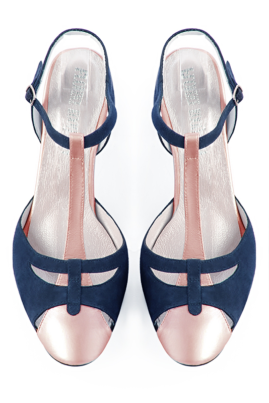 Powder pink and navy blue women's open back T-strap shoes. Round toe. High slim heel. Top view - Florence KOOIJMAN